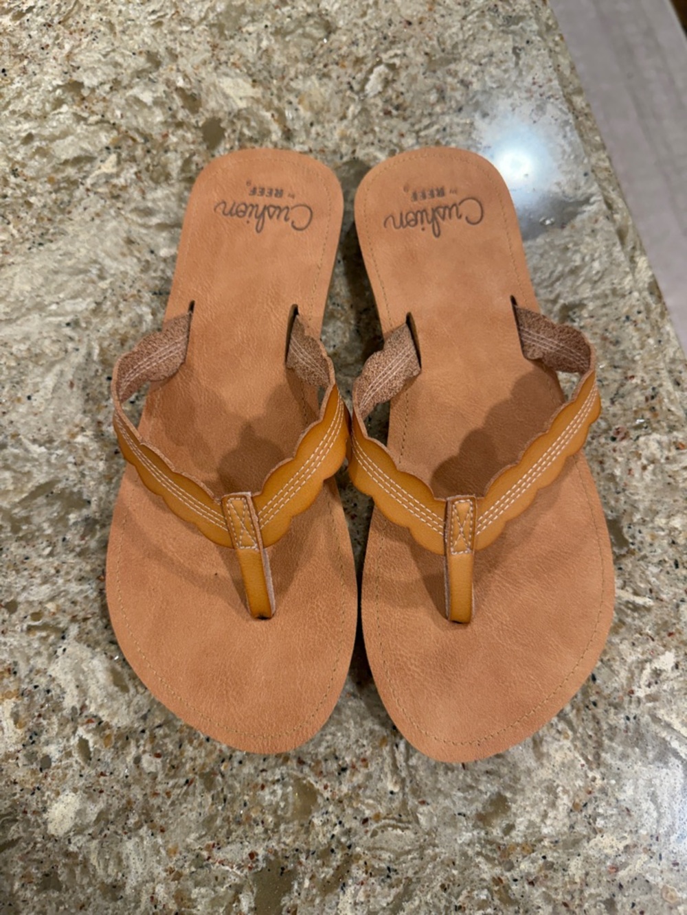 Reef Women’s Tan/Brown Scalloped Leather Flip Flop Sandals